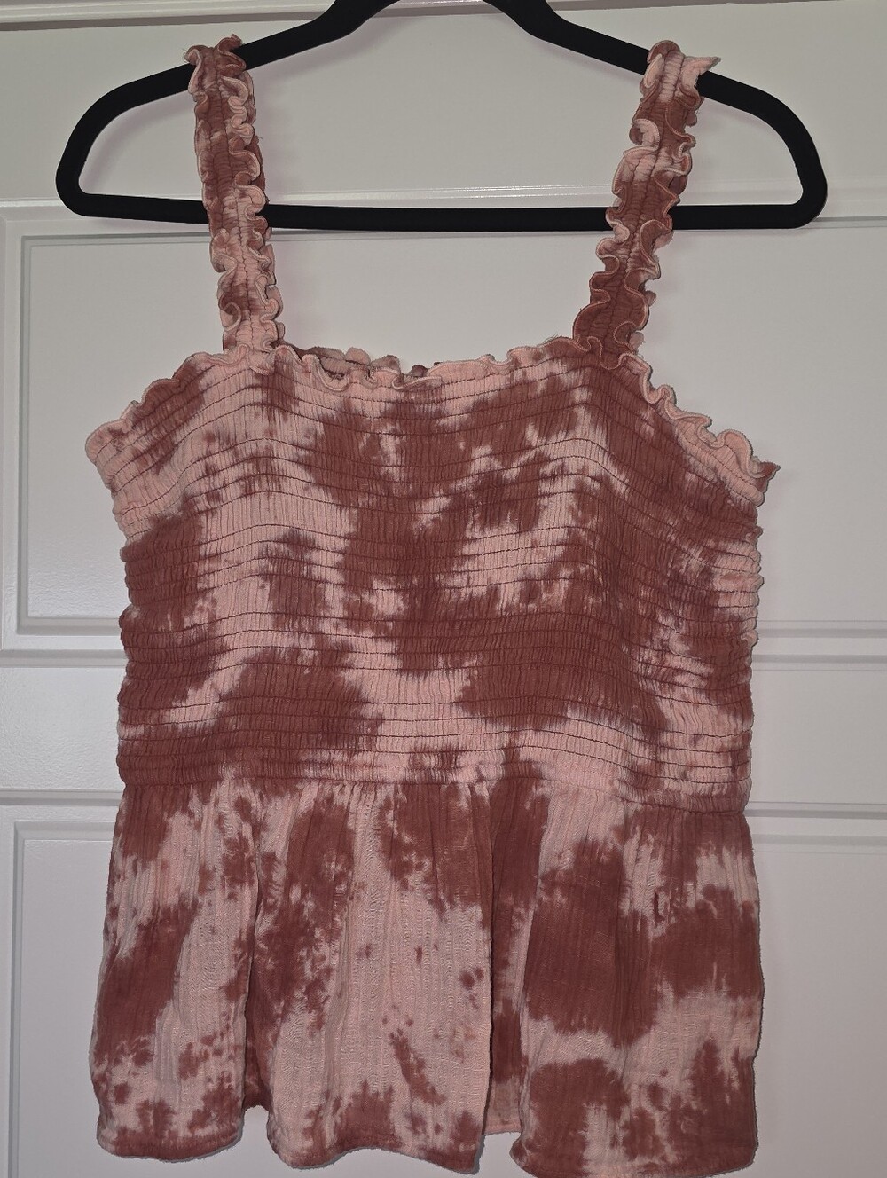 Smocked Tie-Dye Ruffle Strap Tank - Dusty Rose